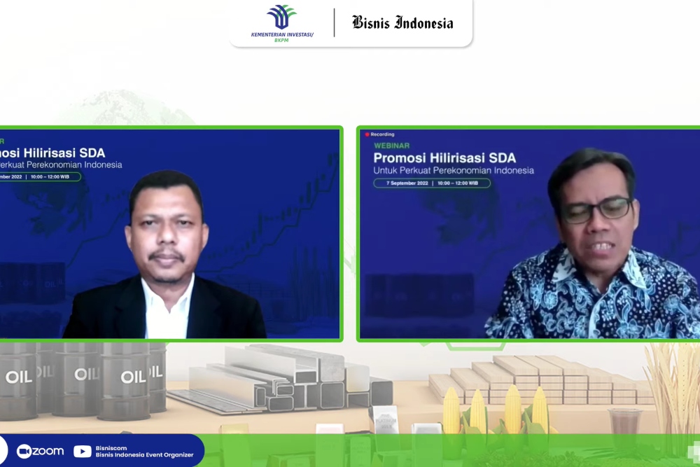 Tangkapan layar menampilkan Deputi Perencanaan Penanaman Modal Kementerian Investasi/BKPM Nurul Ichwan bersama dengan Wakil Pemimpin Redaksi Bisnis Indonesia Fahmi Achmad dalam Webinar Promosi Hilirisasi SDA yang digelar Bisnis Indonesia, Rabu (7/9/2022)./Youtube-bisniscom
