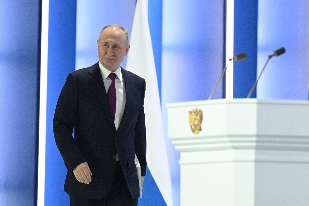 Presiden Rusia Vladimir Putin menyampaikan pidato tahunannya kepada Majelis Federal di Moskow, Rusia 21 Februari 2023. Sputnik/Ramil Sitdikov/Kremlin via REUTERS 