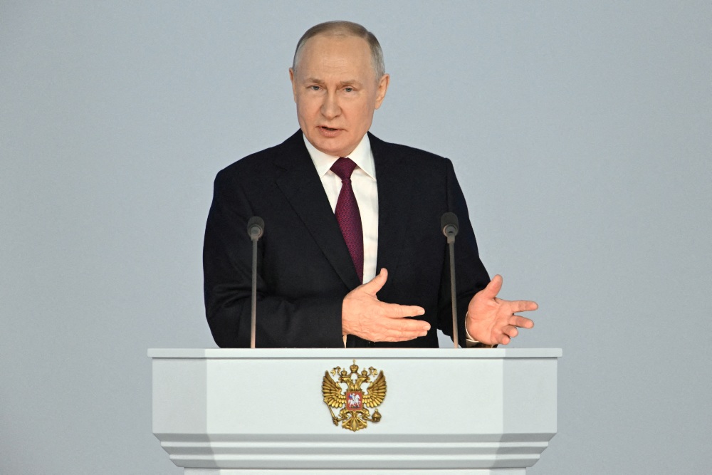 Presiden Rusia Vladimir Putin menyampaikan pidato tahunannya kepada Majelis Federal di Moskow, Rusia 21 Februari 2023. Sputnik/Pavel Bednyakov/Kremlin via REUTERS 
