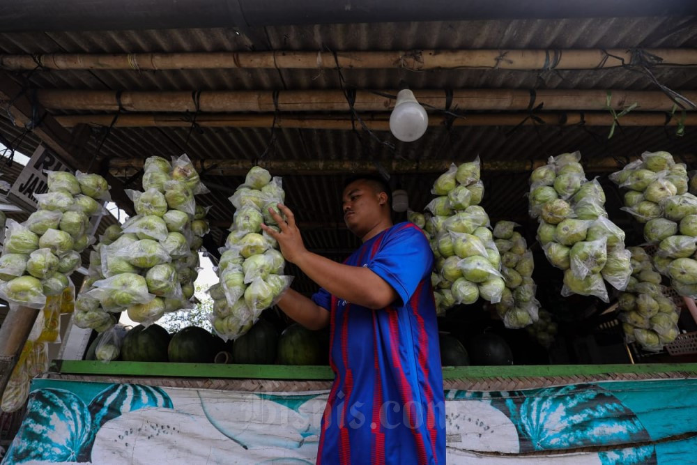 Pedagang buahh jambu kristal melayani pembeli di jalur pantai selatan kawasan Purworejo, Jawa Tengah, Minggu (18/4/2023)./Bisnis/Arief Hermawan P.