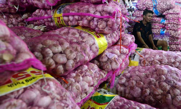 Pedagang bawang putih beraktifitas di salah satu pasar di Jakarta, Selasa (3/3/2020). Bisnis/Abdurachman