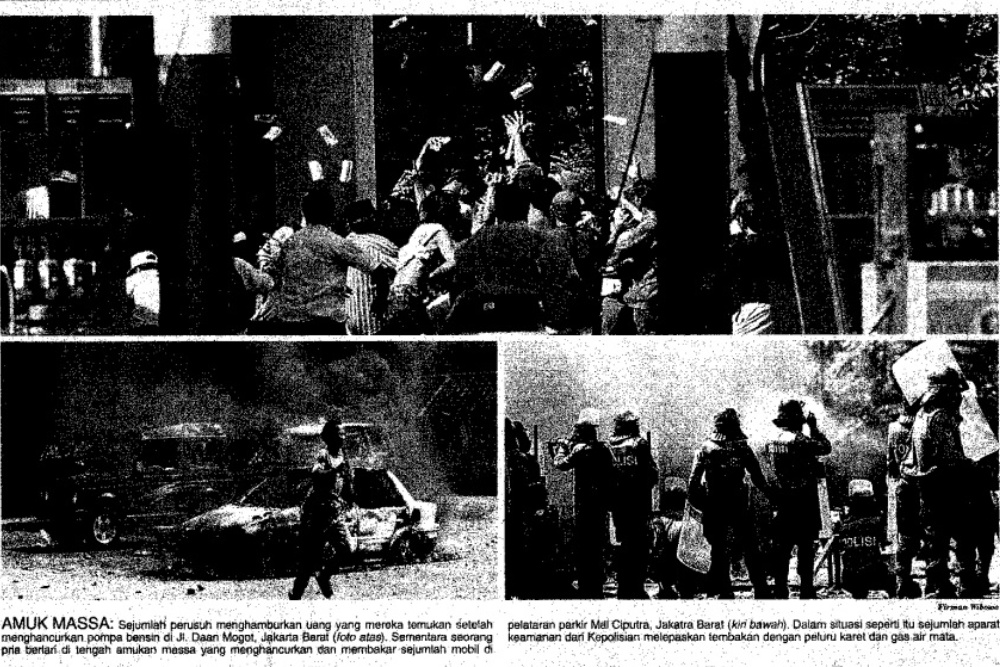 Kerusuhan Mei 1998 pada 13 Mei 1998 yang dipicu oleh tragedi penembakan mahasiswa di Trisakti pada 12 Mei 1998/Bisnis-Firman Wibowo