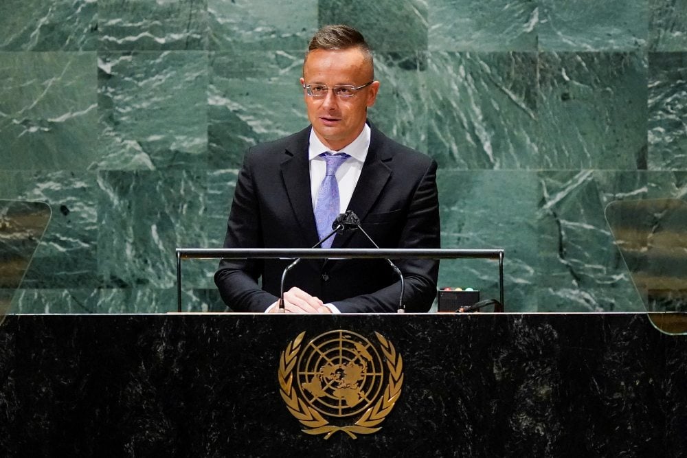Menteri Luar Negeri Hongaria Peter Szijjarto berpidato di Sesi ke-76 Majelis Umum PBB di Dewan Keamanan PBB, di New York, AS, 23 September 2021. Mary Altaffer/Pool via REUTERS