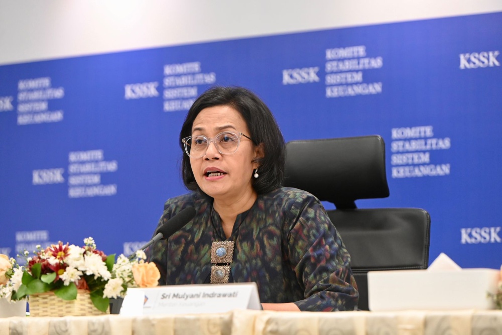 Menkeu Sri Mulyani Indrawati saat Konferensi Pers Hasil Rapat Berkala Komite Stabilitas Sistem Keuangan (KSSK) di Jakarta, Senin (8/5/2022). Dok. Kemenkeu RI.