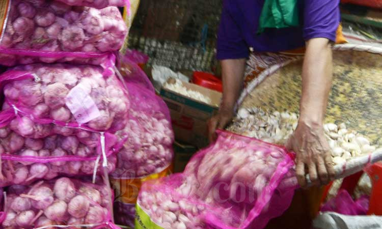 Pedagang bawang putih beraktifitas di salah satu pasar di Jakarta, Selasa (3/3/2020). Bisnis/Abdurachman