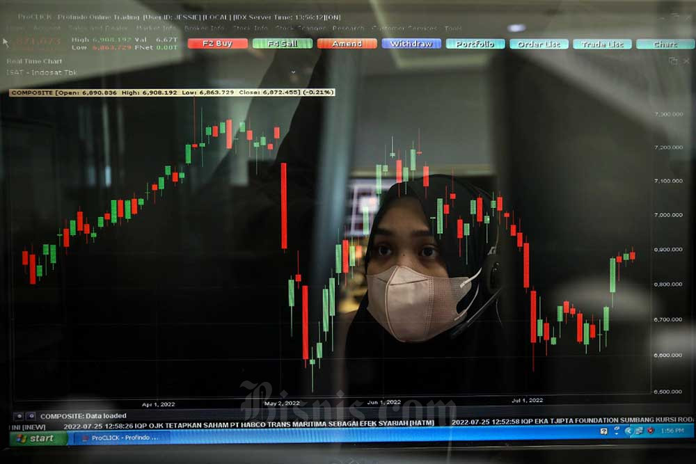 Karyawan mengamati pergerakan harga saham di Profindo Sekuritas, Jakarta, Senin (25/7/2022). Bisnis/Eusebio Chrysnamurti