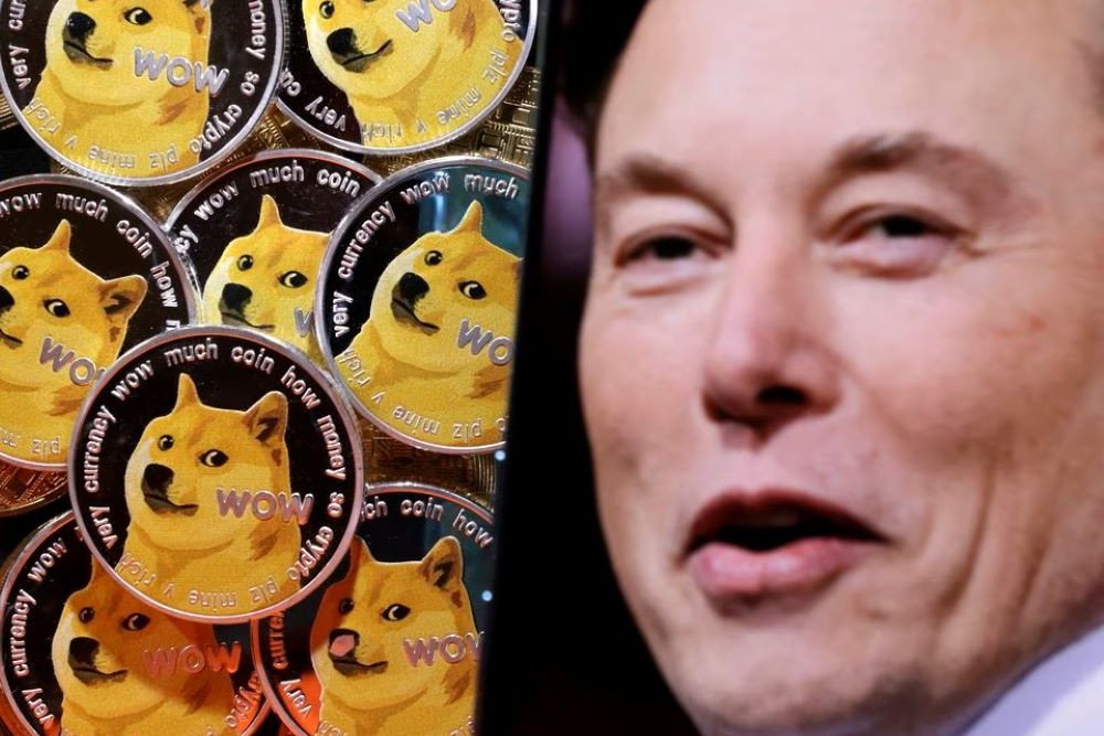 Foto Elon Musk ditampilkan pada sebuah smartphone yang diletakkan di atas ilustrasi logo aset kripto Dogecoin./Reuters