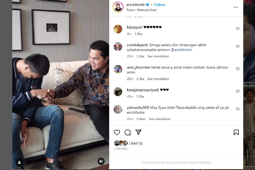 Ketua Umum PSSI Erick Thohir bertemu eks kiper timnas Indonesia Kurnia Meiga/Instagram @erickthohir