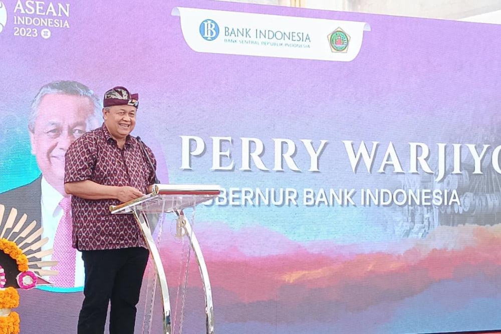 Gubernur Bank Indonesia Perry Warjio Saat Memberi Sambutan pada Acara Peluncurann QRIS pasar seni  Ubud, Gianyar pada Sabtu (3/6/2023)./Bisnis