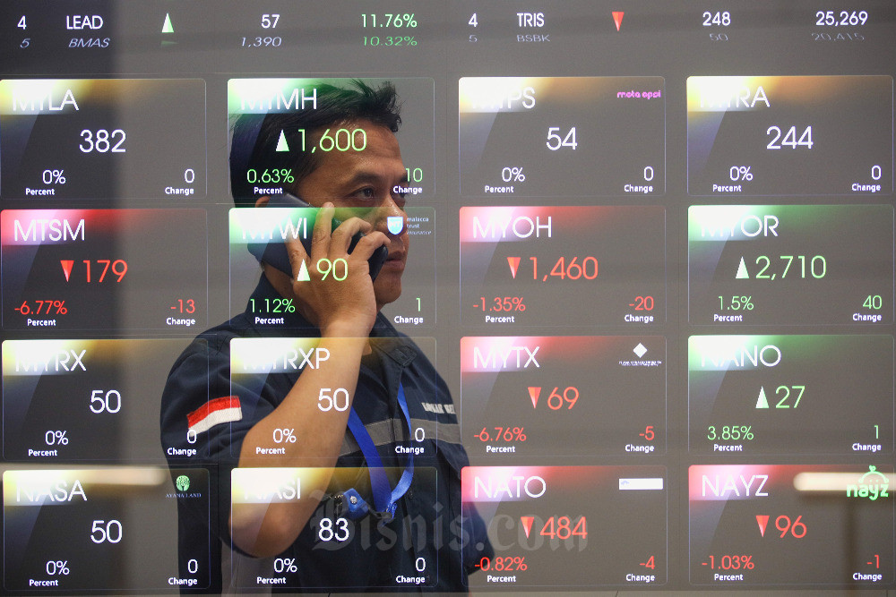 Karyawan beraktivitas di dekat layar yang menampilkan pergerakan Indeks Harga Saham Gabungan (IHSG) di kantor PT Bursa Efek Indonesia di Jakarta, Senin (6/3/2023). Bisnis/Suselo Jati