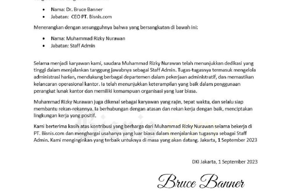 Contoh surat pengalaman kerja Staf Admin/Bisnis-Rizky Nurawan