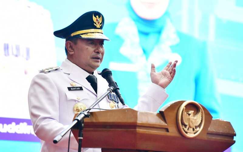 Pj Gubernur Sulsel Bahtiar Baharuddin saat melakukan pidato di Kantor Gubernur Sulsel, Rabu (6/9/2023)./Pemprov Sulsel