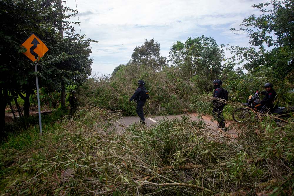 Sejumlah anggota Brimob Polda Kepri menyisir jalan yang diblokir oleh warga Pulau Rempang, Batam, Kepulauan Riau, Jumat (8/9/2023). Aksi pemblokiran jalan tersebut terkait pengembangan Pulau Rempang menjadi kawasan ekonomi baru dan rencana pemerintah yang akan merelokasi mereka ke wilayah lain. ANTARA FOTO/Teguh Prihatna/nz