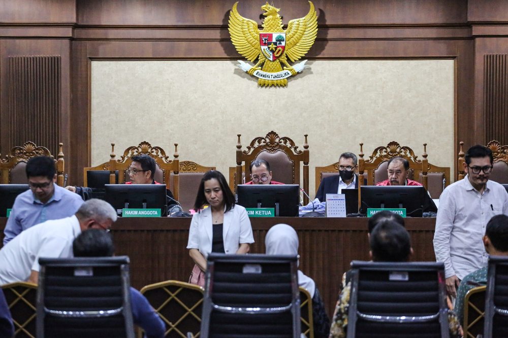 Sejumlah saksi bersiap memberikan kesaksian atas kasus dugaan korupsi penyediaan infrastruktur base transceiver station (BTS) 4G dan infrastruktur pendukung BAKTI Kominfo pada sidang lanjutan di PengadilanTipikor, Jakarta, Selasa (5/9/2023). Sidang lanjutan tersebut mendegarkan keterangan sembilan saksi yang dihadirkan Jaksa Penuntut Umum (JPU). ANTARA FOTO/Asprilla Dwi Adha/Spt.