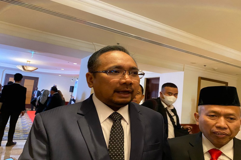 Menteri Agama RI Yaqut Cholil Qoumas buka suara soal usulan haji hanya boleh sekali di Hotel Borobuddur Jakarta, pada Selasa (29/8/2023). JIBI/Bisnis-Erta Darwati.