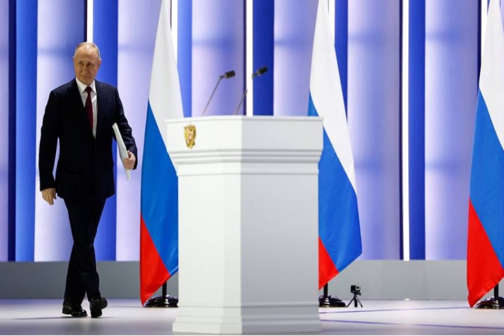Tangkapan Layar - Presiden Rusia Vladimir Putin menyampaikan pidato perihal setahun perang Rusia vs Ukraina pada Selasa (21/2/2023) di Majelis Federal Rusia. JIBI/Bisnis-Nancy Junita