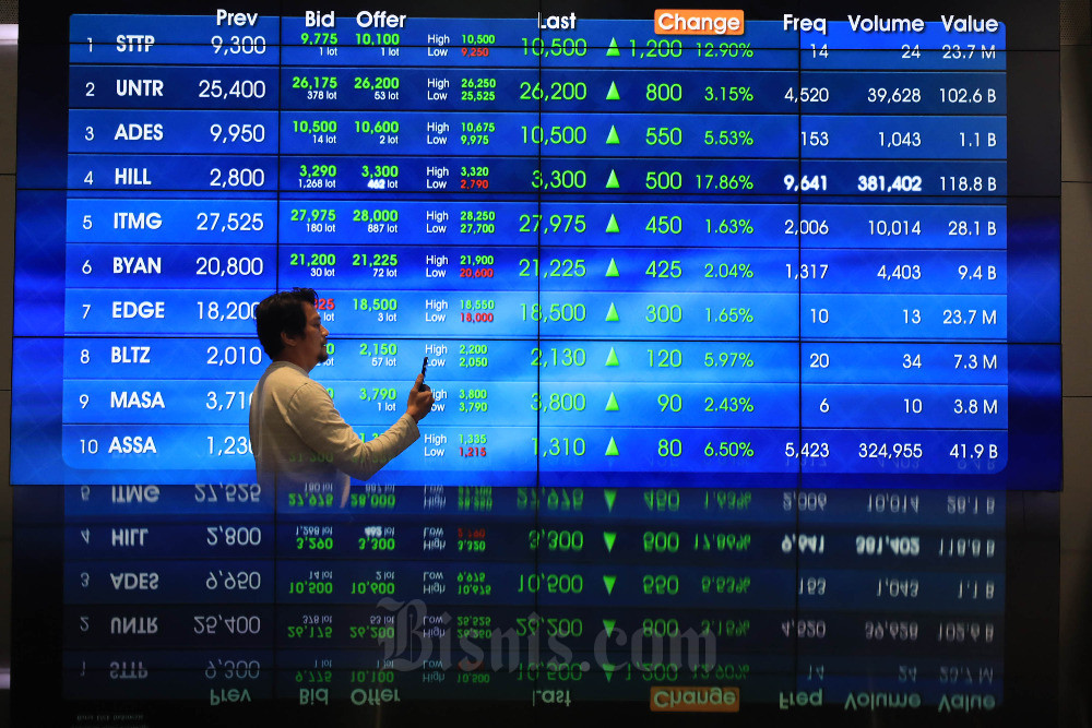 Pegawai beraktivitas di dekat layar yang menampilkan data saham di PT Bursa Efek Indonesia di Jakarta, Rabu (26/7/2023). Bisnis/Himawan L Nugraha