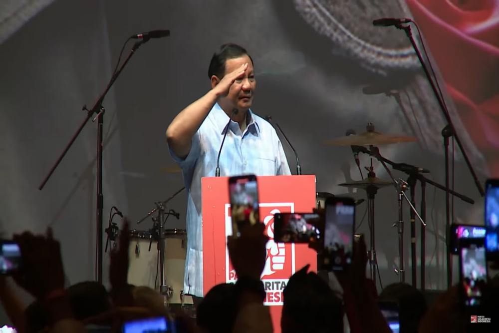 Kelakar Prabowo Sudah Tidak Galak Seperti Dulu: Sudah Dua Kali Kalah! Tangkapan layar bakal calon presiden Prabowo Subianto saat menghadiri deklarasi Partai Solidaritas Indonesia, Selasa (24/10/2023)/Youtube PSI