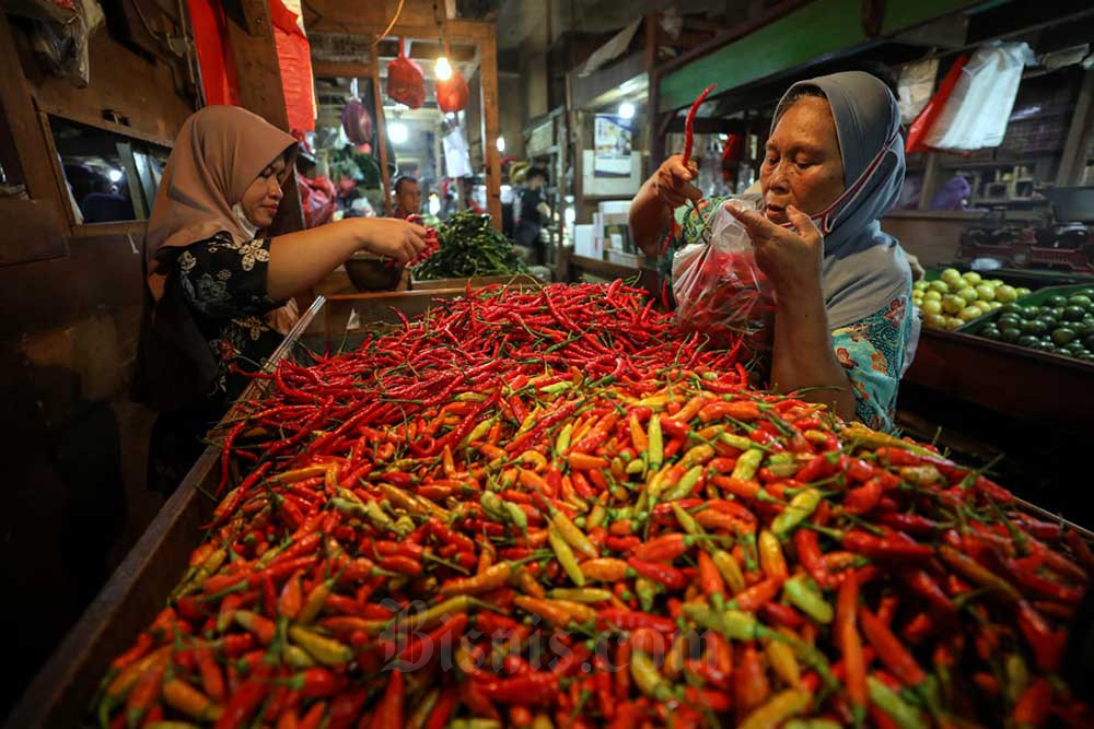 Pedagang cabai melayani pembeli di salah satu pasar di Jakarta. Bahan pangan masih menjadi penyumbang utama inflasi pada November 2023. Bisnis/Eusebio Chysnamurti