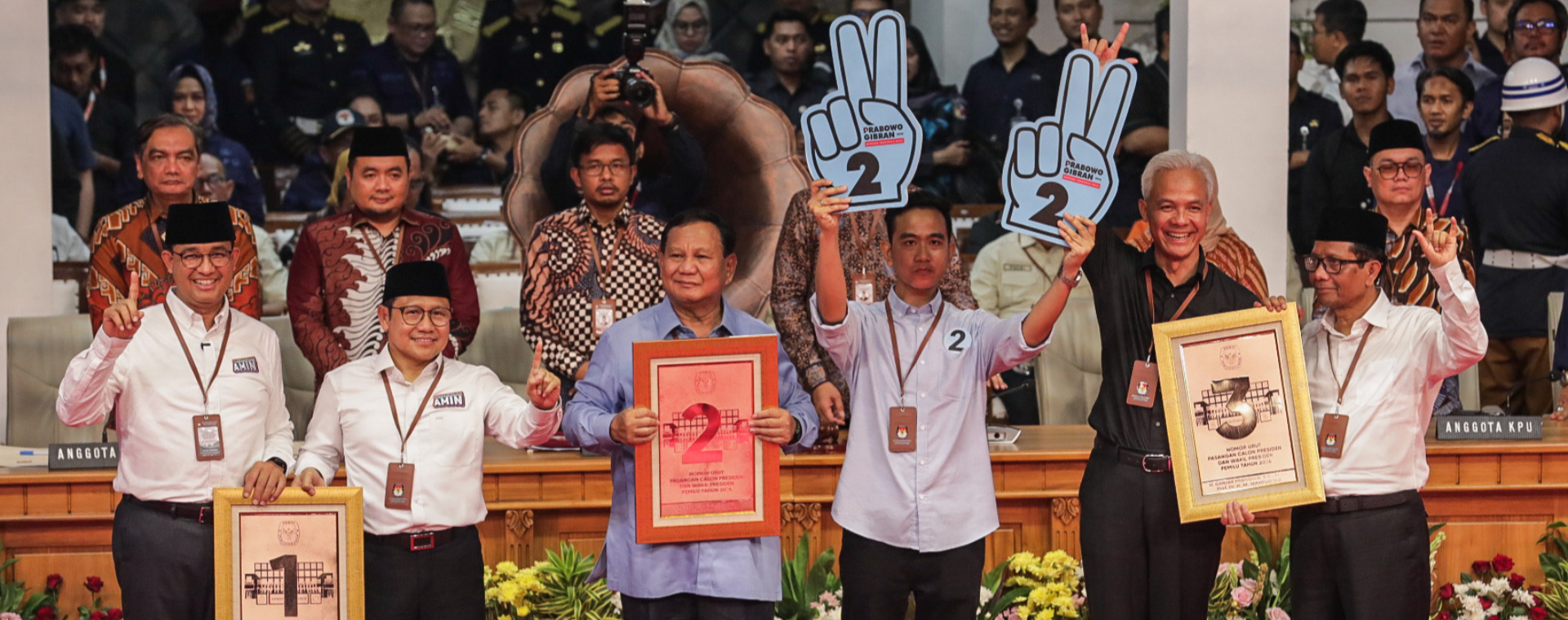 Suasana penetapan nomor urut capres dan cawapres untuk pemilu 2024 di Jakarta, Selasa (14/11/2023). - Bisnis/Fanny Kusumawardhani