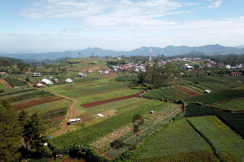 Foto udara lahan pertanian di Kabupaten Gowa, Sulawesi Selatan, Minggu (18/6/2023)./Bisnis-Paulus Tandi Bone