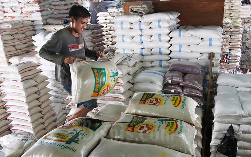 Buruh mengangkut karung beras di Pasar Induk Beras Cipinang, Jakarta, Rabu (12/02/2020). Bisnis/Eusebio Chrysnamurti
