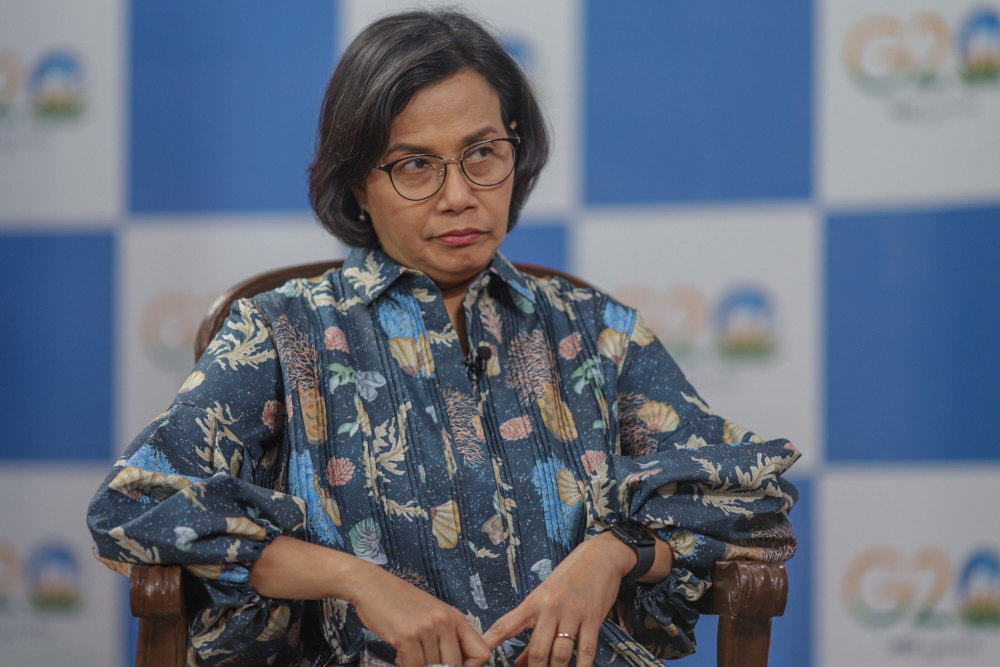 Menteri Keuangan Sri Mulyani Indrawati dalam G20 Finance Ministers, Central Bank Governors (FMCBG) di Gandhinagar, India pada Minggu (16/7/2023). - Bloomberg/Dhiraj Singh