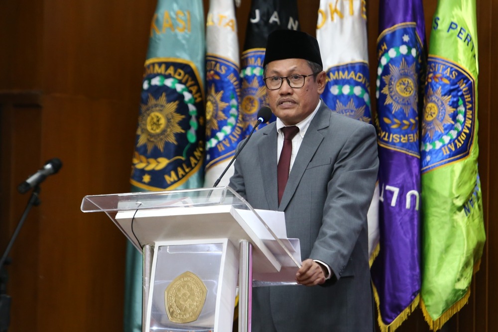 Rektor UMM, Prof. Nazaruddin, saat menyampaikan pidato iftitahnya sebagai Rektor UMM, di Malang, Senin (12/2/2024)./Istimewa