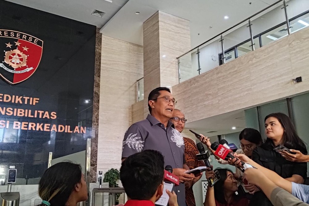 Direktur Tindak Pidana Umum (Dirtipidum) Bareskrim Polri Brigjen Djuhandhani Rahardjo Puro dalam konferensi pers di Bareskrim, Jumat (4/8/2023). JIBI/Bisnis-Anshary Madya Sukma