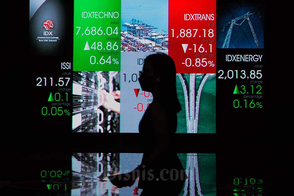 Karyawan melintas di dekat layar pergerakan indeks saham gabungan (IHSG) di Bursa Efek Indonesia, Jakarta, Senin (12/9/2022). Bisnis/Fanny Kusumawardhani