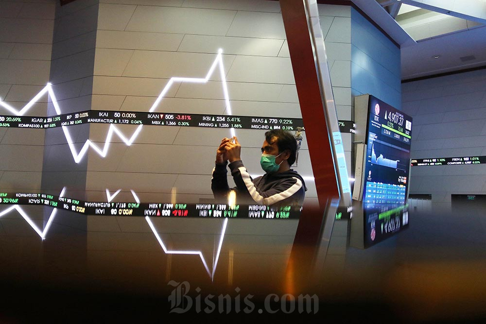 Pekerja melintasi papan elektronik yang menampilkan pergerakan Indeks Harga Saham Gabungan (IHSG) di Bursa Efek Indonesia, Jakarta, Senin (1/2/2021). Bisnis/Eusebio Chrysnamurti