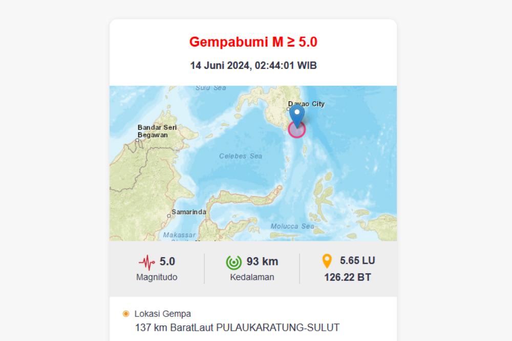  Gempa 5,0 SR Guncang Sulawesi Utara, Tidak Berpotensi Tsunami