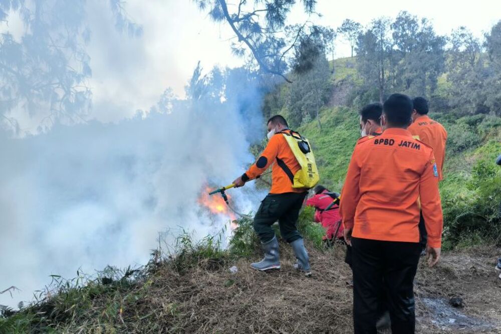 Petugas BPBD Jatim melakukan pemadaman api di Penanjakan Gunung Bromo./Antara-BPBD Jatim.