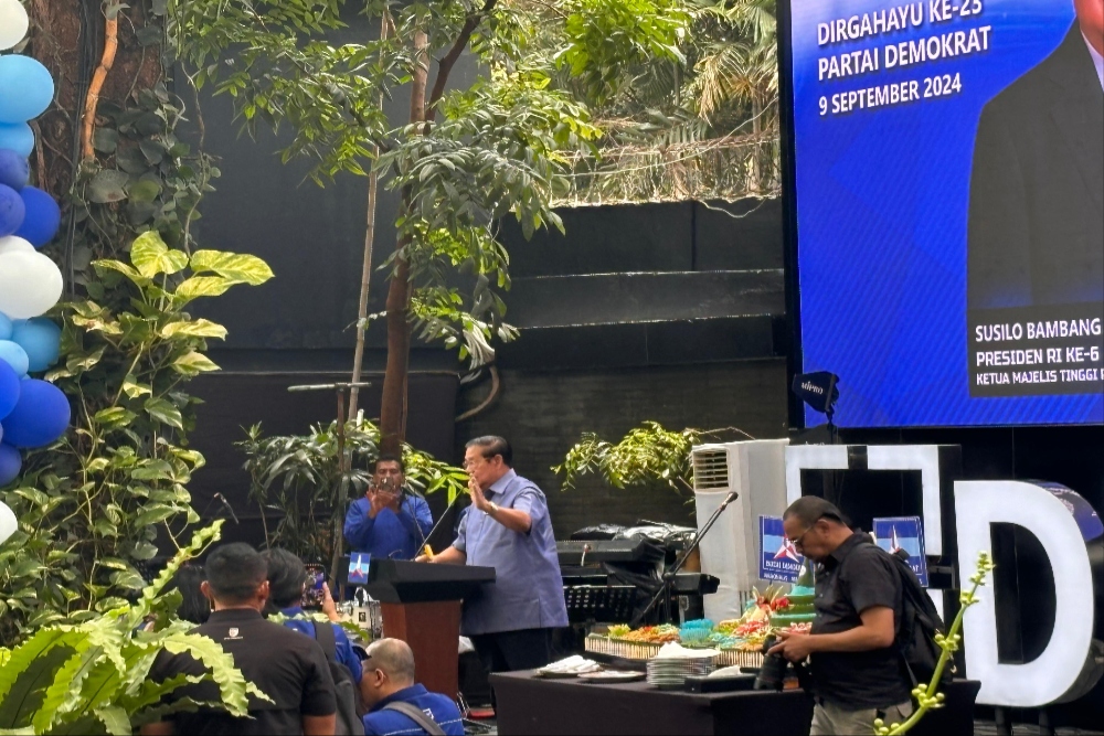Ketua Majelis Tinggi Partai Demokrat, Susilo Bambang Yudhoyono (SBY) dalam peringatan HUT ke-23 Partai Demokrat di DPP Partai Demokrat, Jakarta Pusat, Senin (9/9/2024) / BISNIS - Jessica Gabriela Soehandoko