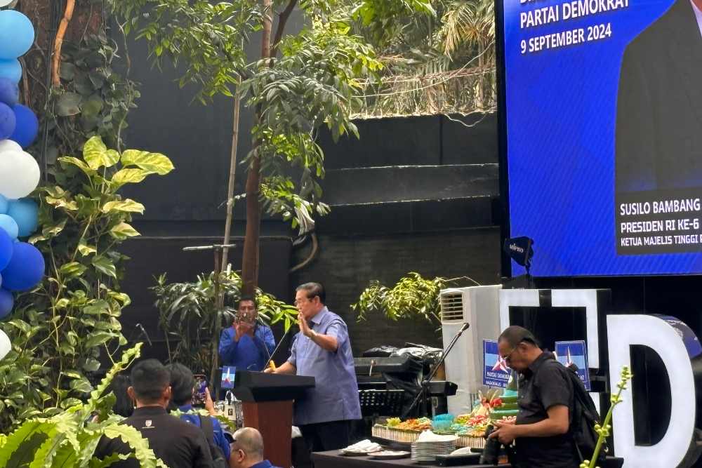 Ketua Majelis Tinggi Partai Demokrat, Susilo Bambang Yudhoyono (SBY) dalam peringatan HUT ke-23 Partai Demokrat di DPP Partai Demokrat, Jakarta Pusat, Senin (9/9/2024)/Bisnis-Jessica Gabriela Soehandoko