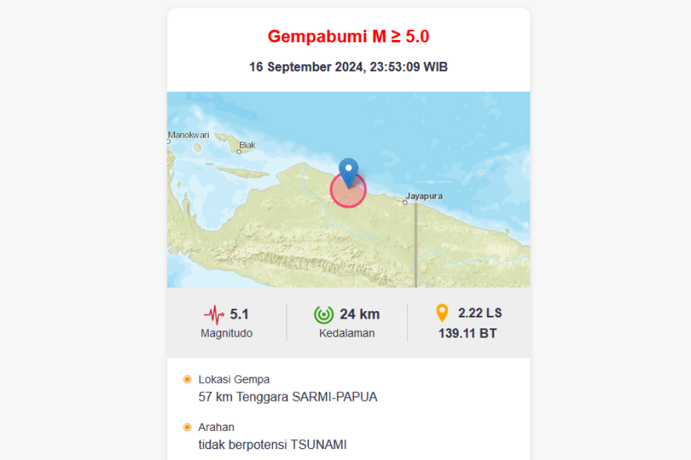  Gempa 5,1 SR Guncang Tenggara Sarmi, Papua: Tidak Berpotensi Tsunami