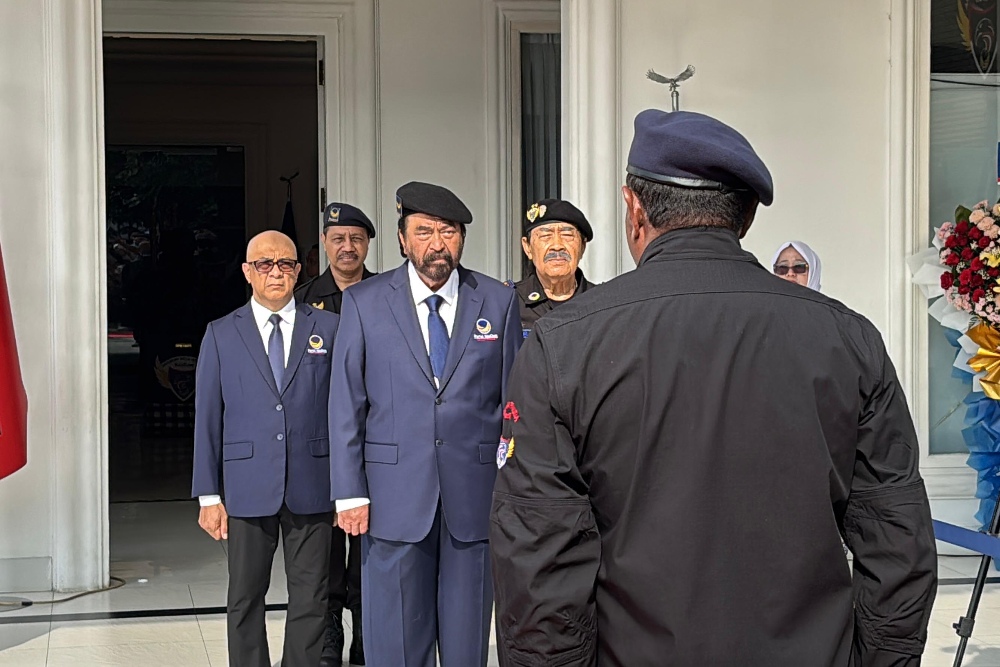 Ketua Umum Partai NasDem Surya Paloh dalam Apel Siaga di Akademi Bela Negara Partai NasDem, Pancoran, Jakarta Selatan, Senin (11/11/2024). JIBI/Jessica Gabriela Soehandoko