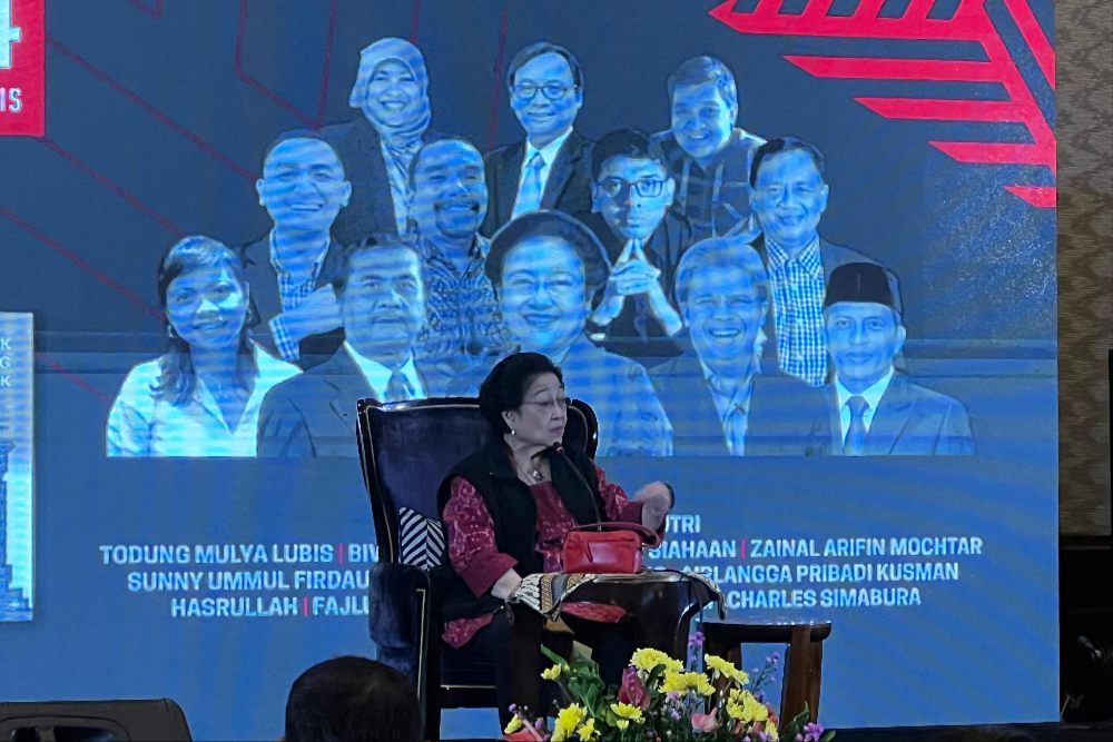 Ketum PDIP Megawati Soekarnoputri di acara peluncuran buku Todung Mulya Lubis, di Hotel Four Season, Jakarta Selatan, Kamis (12/12/2024)/BISNIS-Annisa Nurul Amara