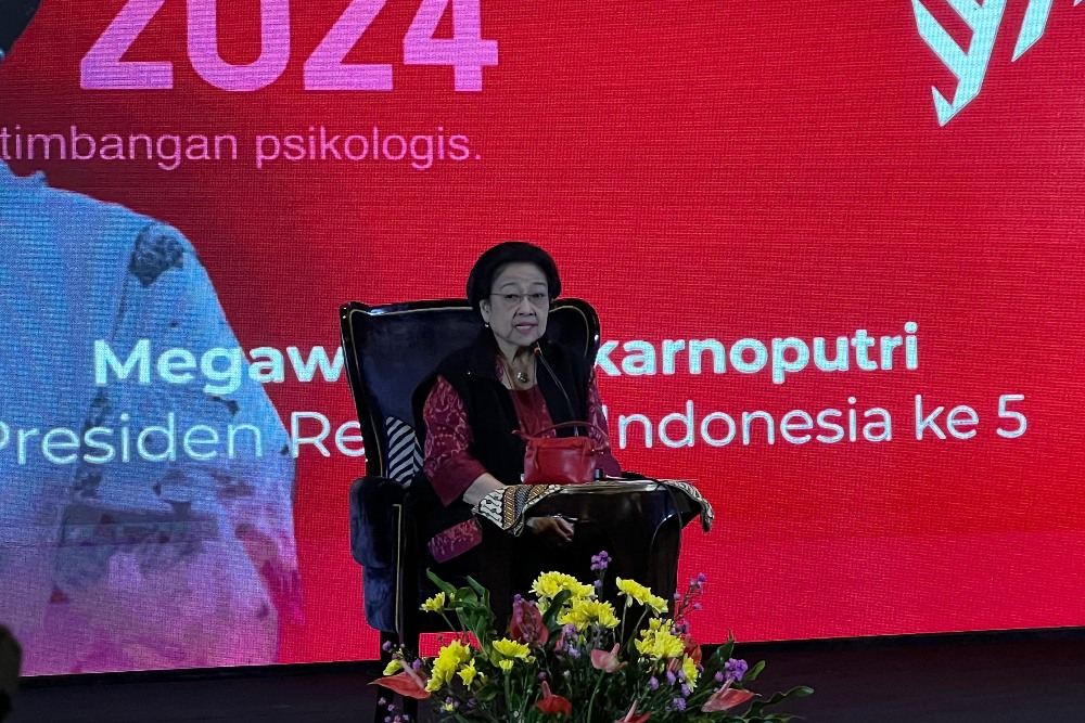 Ketum PDIP Megawati Soekarnoputri di acara peluncuran buku Todung Mulya Lubis, di Hotel Four Season, Jakarta Selatan, Kamis (12/12/2024)/BISNIS-Annisa Nurul Amara