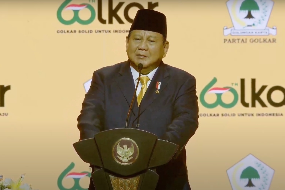 Presiden RI Prabowo Subianto berpidato di Perayaan HUT ke-60 Golkar pada Kamis malam hari ini (12/12/2024). Youtube Kabar Golkar