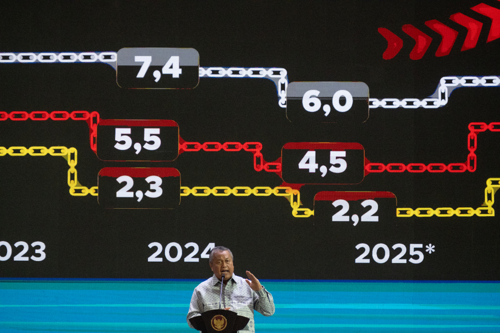 Gubenur BI Perry Warjiyo dalam Pertemuan Tahunan Bank Indonesia di Jakarta, Jumat (29/11/2024). / Bloomberg-Rosa Panggabean