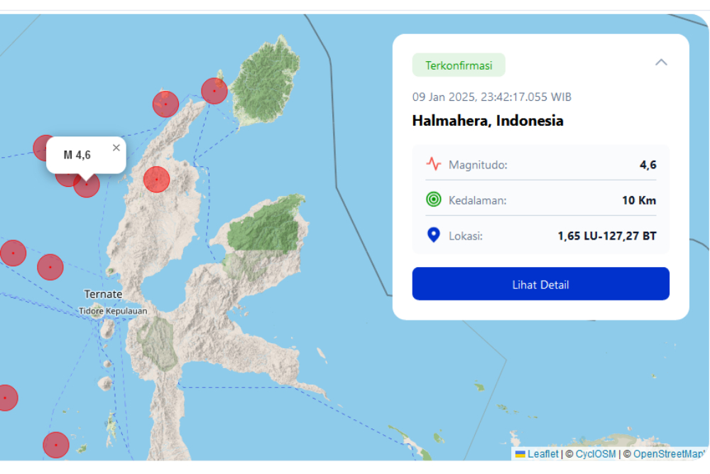 Gempa dengan magnitudo 4,6 dan kedalaman 10 kilometer mengguncang barat laut Halmahera Barat, Maluku Utara pada Jumat (10/1/2025) pukul 00.42 WITA atau 23.42 WIB. / dok. BMKG