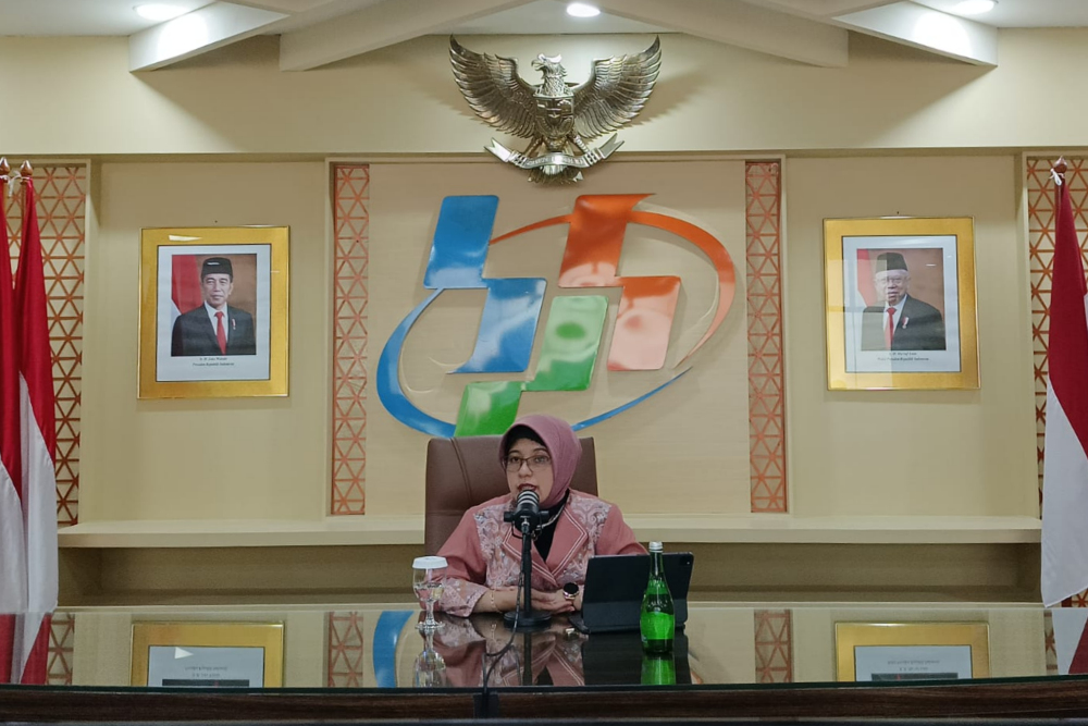 Plt. Kepala BPS Amalia Adininggar Widyasanti dalam penyampaian Berita Resmi Statistik Ekspor Impor di kantor Pusat BPS, Jakarta pada Kamis (15/8/2024). / Bisnis-Annasa Rizki Kamalina