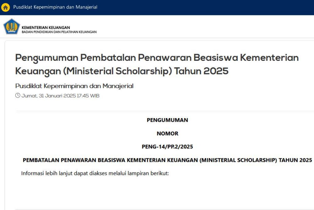 Pengumuman pembatalan beasiswa Kementerian Keuangan (Kemenkeu) atau Ministerial Scholarship 2025. / dok BPPK Kemenkeu