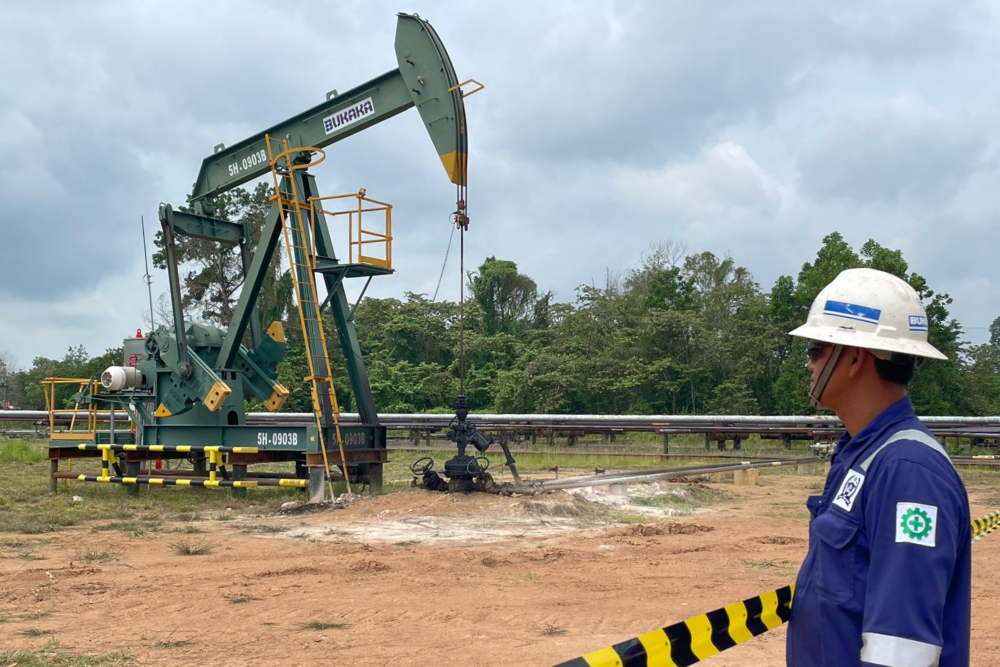 Pekerja berada di dekat pompa angguk atau pump unit Lapangan Duri PT Pertamina Hulu Rokan, Bengkalis, Riau pada Selasa (9/7/2024). / Bisnis-Wibi Pangestu Pratama