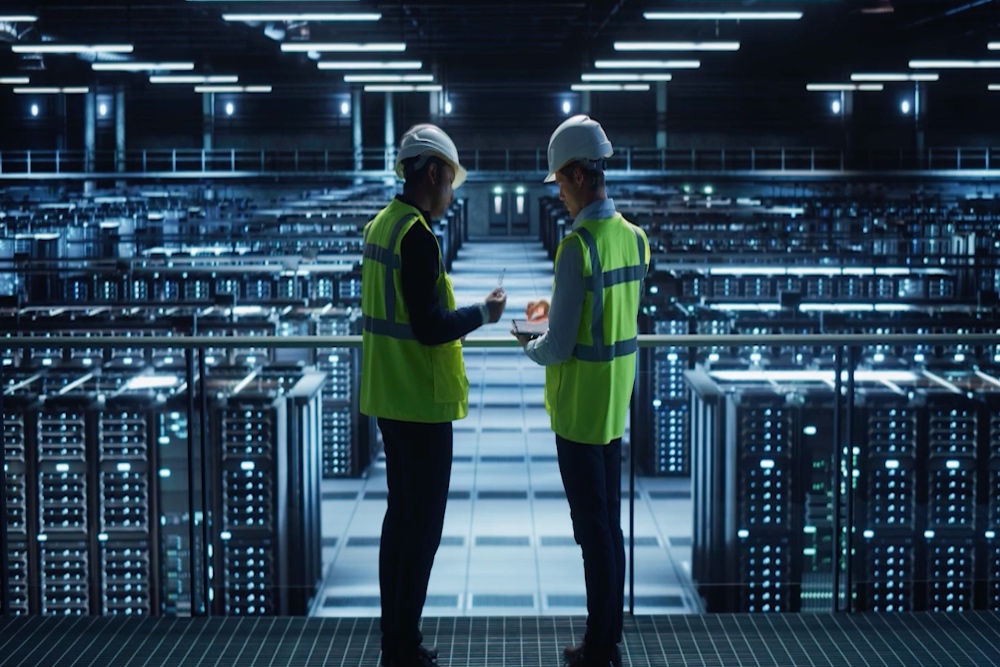 Tangkapan layar pekerja sedang berada di ruang server data center