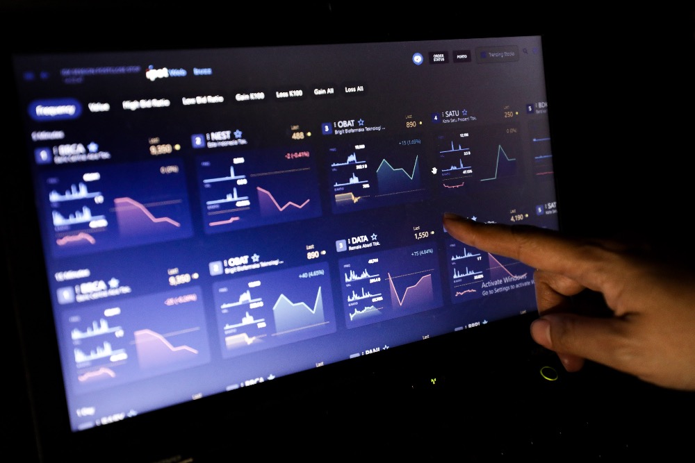 Layar menampilkan informasi harga saham di Jakarta, Selasa (28/1/2025). JIBI/Bisnis/Arief Hermawan P