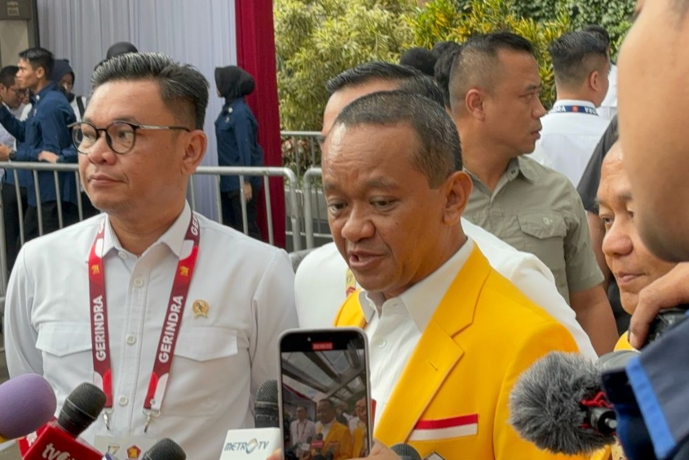 Ketua Umum Golkar, Bahlil Lahadalia tiba di HUT Gerindra, di Sentul International Convention Center (SICC), Bogor, Sabtu (15/2/2025)/Bisnis-Anshary Madya Sukma