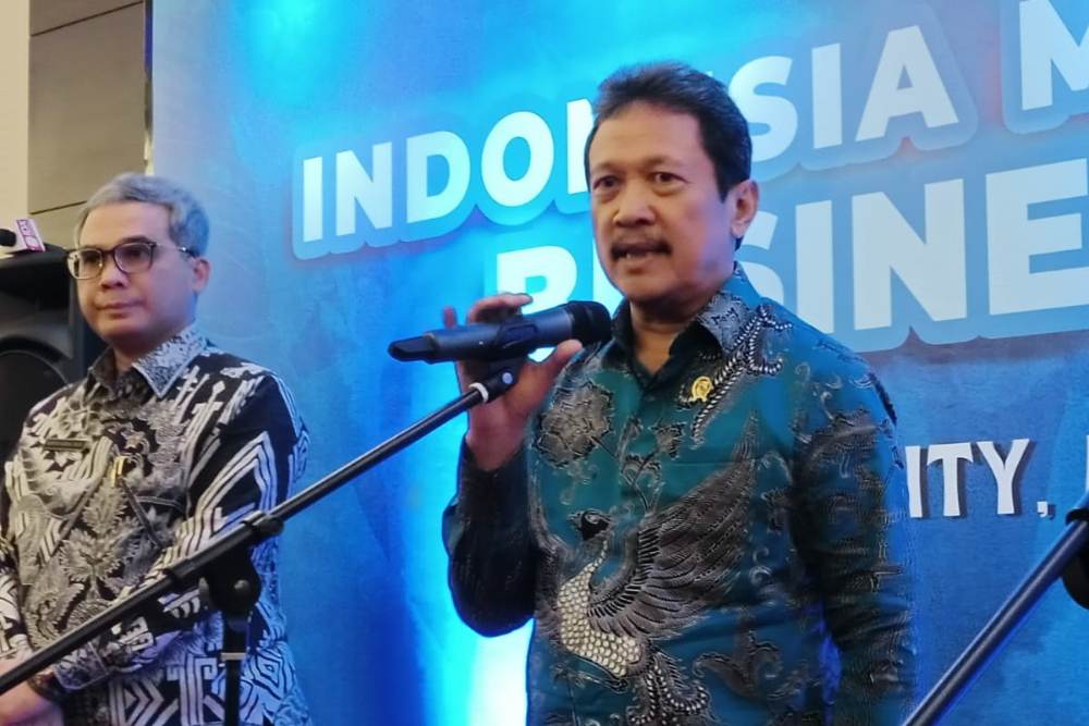 Menteri KKP Sakti Wahyu Trenggono di agenda Indonesia Marine and Fisheries Business Forum 2024, di Jakarta, Senin (5/2/2024) - BISNIS/Ni Luh Anggela.