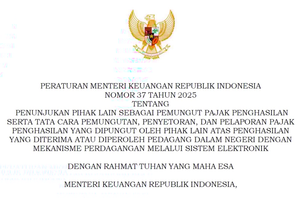 Dokumen Peraturan Menteri Keuangan (PMK) Nomor 37/2025 yang mengatur tentang pajak pedagang atau seller e-commerce. / dok Kemenkeu